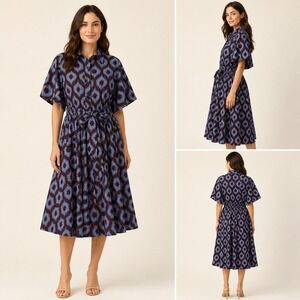 Ofuure 100% Cotton African Wax Print Dress Small Blue Geometric Belted Pockets
